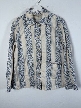 Loft Womens Embroidered Floral Striped Chore Jacket Blue Button Front Medium